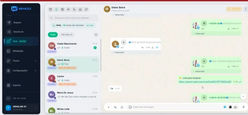 Chat ao vivo do Whazu com cliente